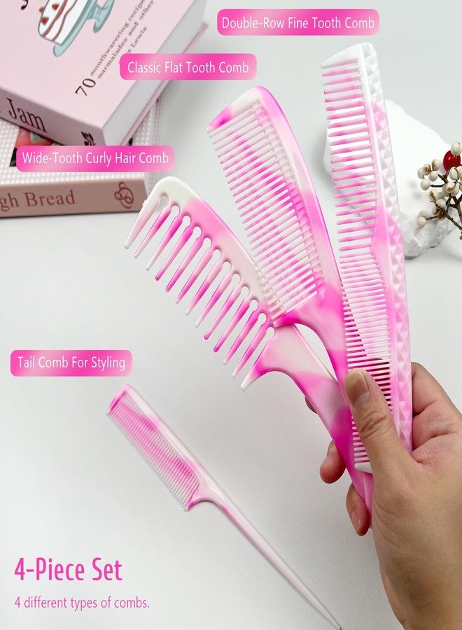 Zoolinn 4 Pcs Unisex Hair Comb Set - Rat Tail, Wide & Fine Tooth and Dual-Sided Combs for Daily Detangling, Pink - Image 3